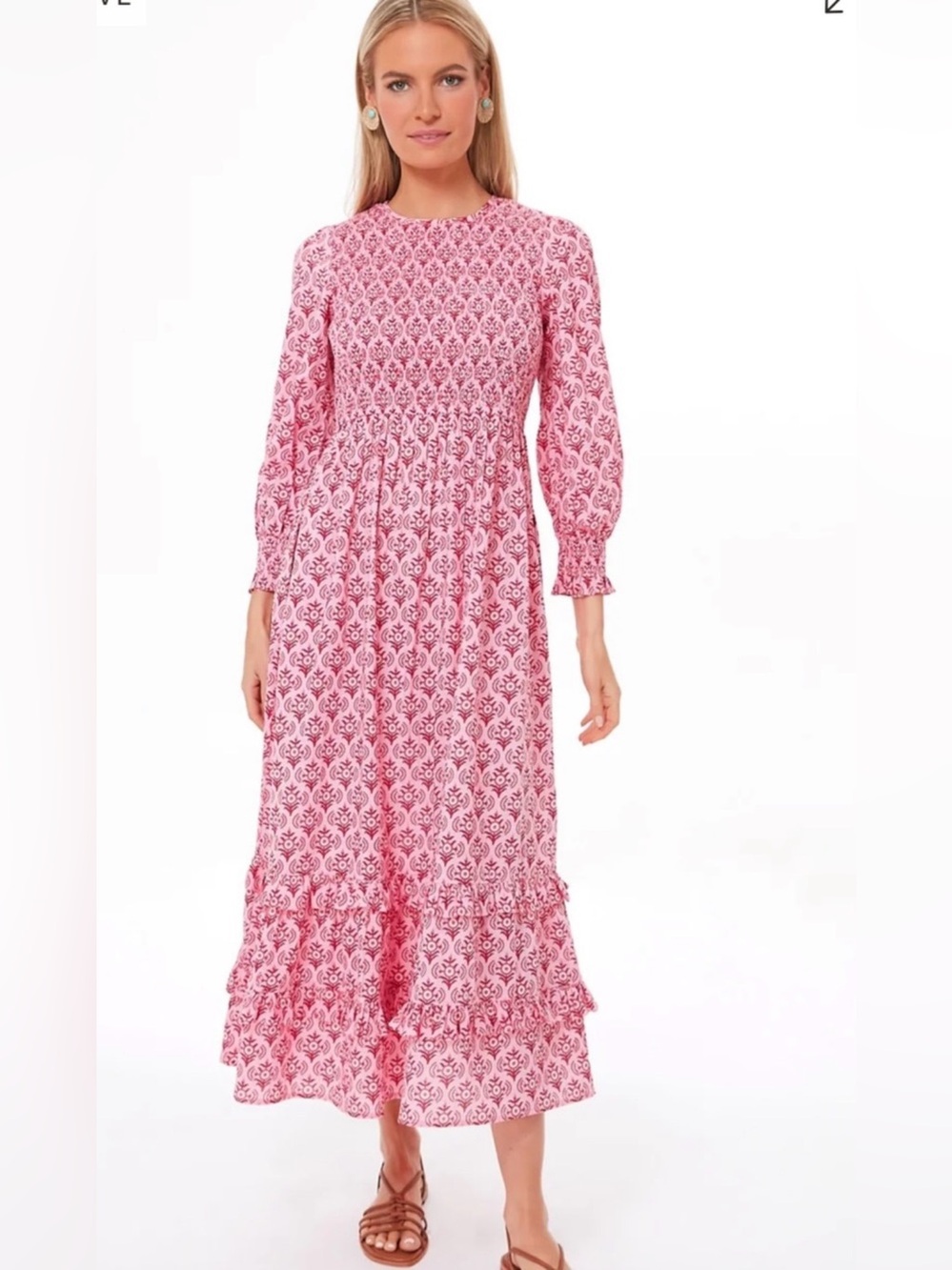Pink City Prints All Over Floral Print Smocked Midi Dress Size M